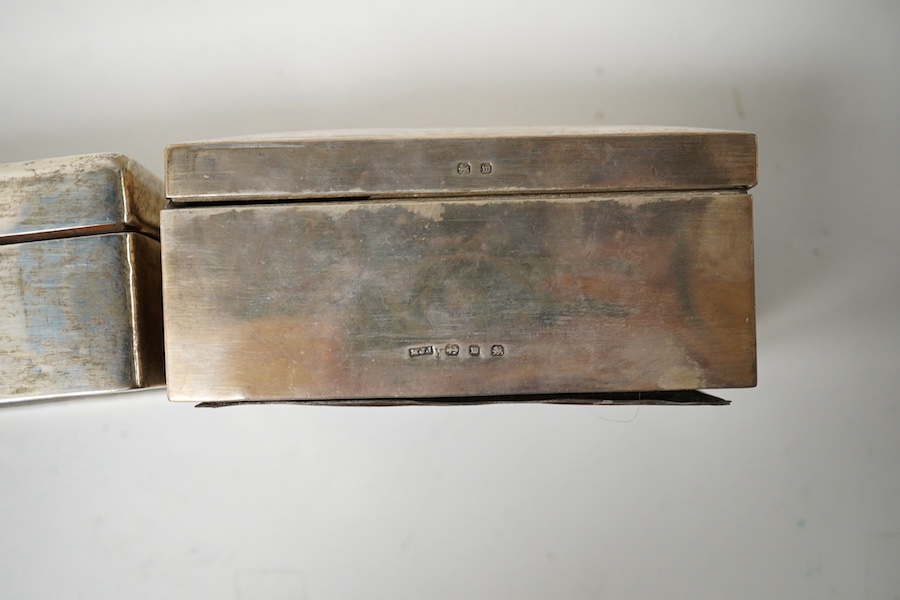 A George VI silver mounted rectangular cigarette box, with engraved Royal Engineers crest, London, 1940, 17.2cm and one other smaller late Victorian silver mounted cigarette box, Birmingham, 1896. Condition - poor to fai